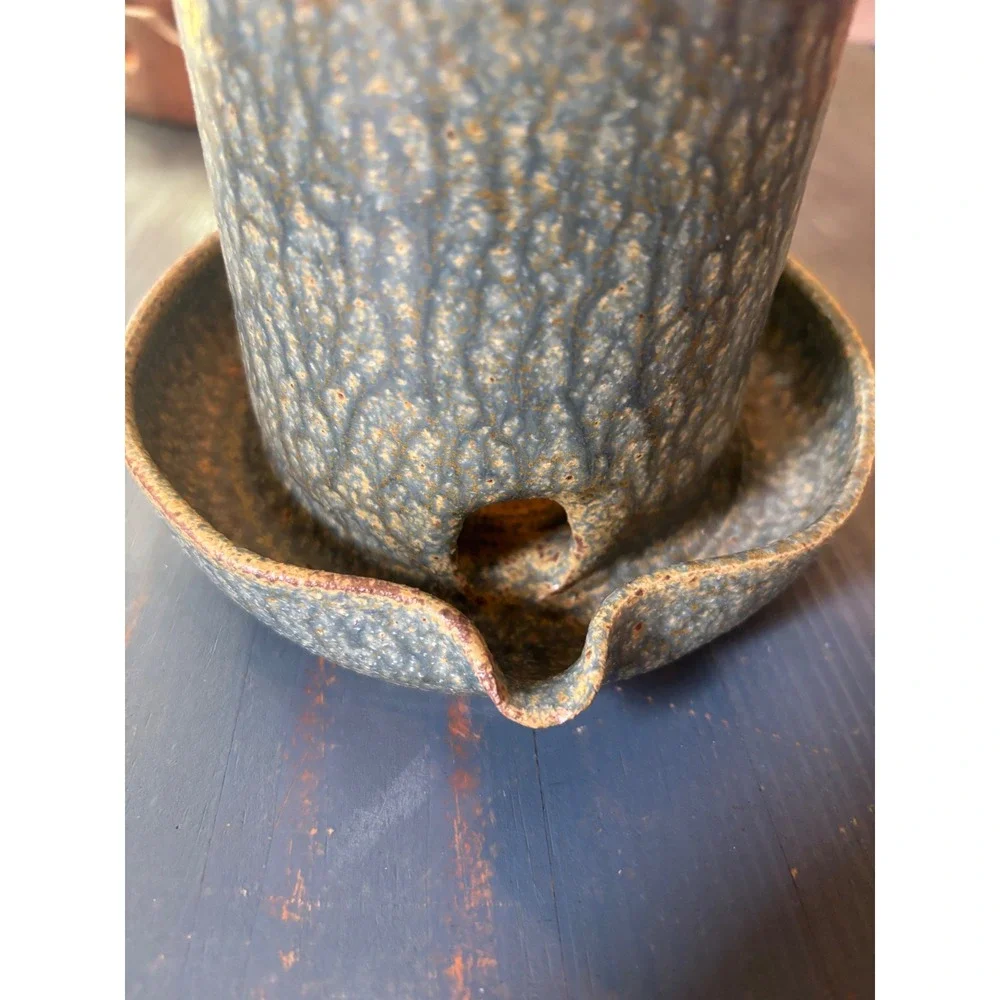 Handmade Studio Pottery Bacon Cooker Mug Textured Glaze Green Brown Artisan LSH